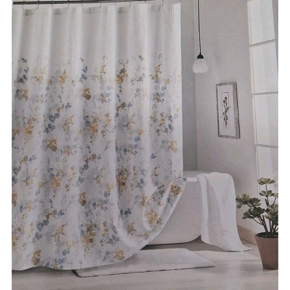 DKNY 'Wallflower' Floral Shower Curtain 100% Cotton 72 X 74 Yellow, Blue & Gray